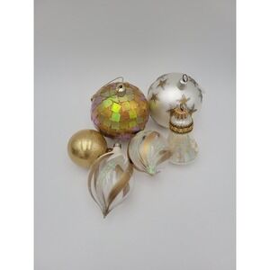 Lot of 5 Vintage Silver & Gold & White Christmas ornaments glitter Bell